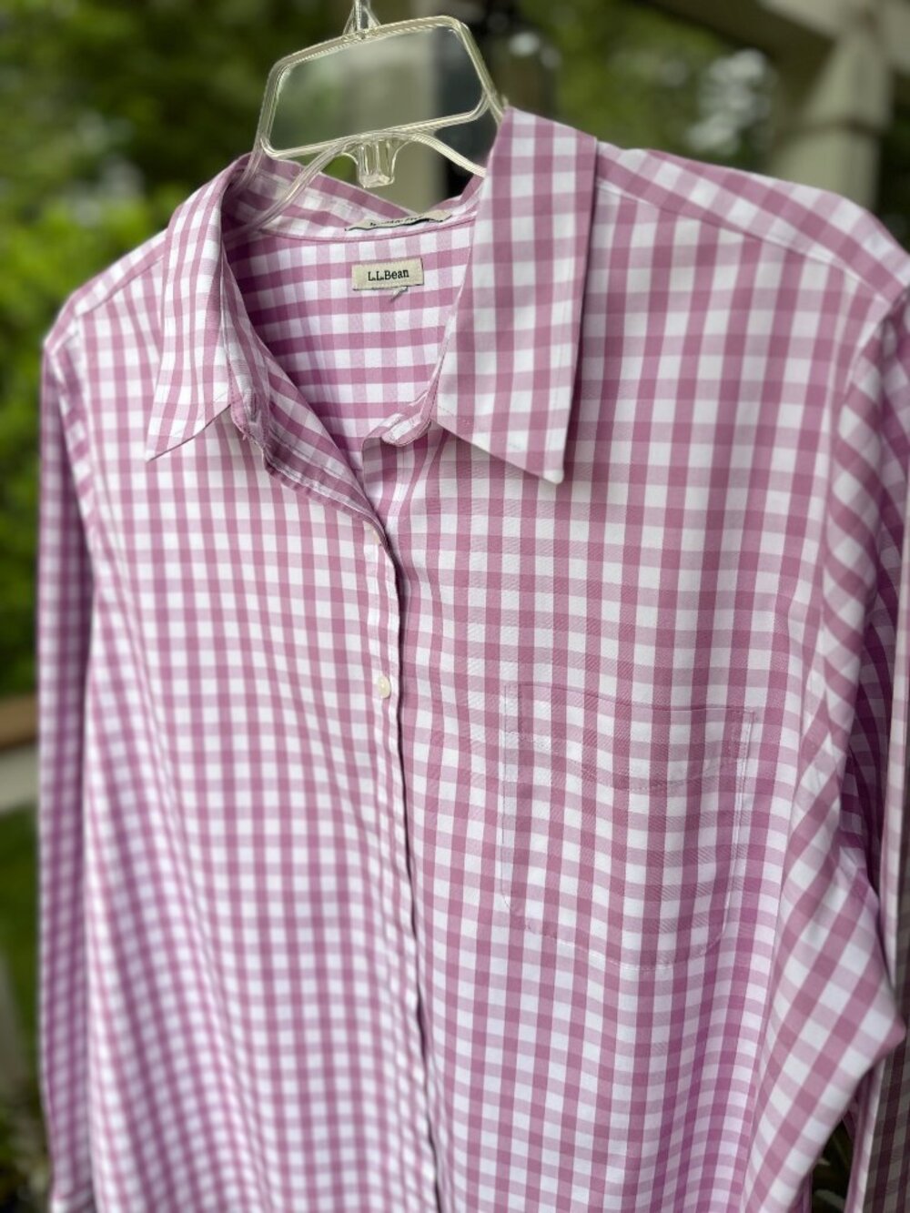 L.L. Bean Gingham Plaid Cotton Button Up Shirt Pink Relaxed Fit Wrinkle Free XL